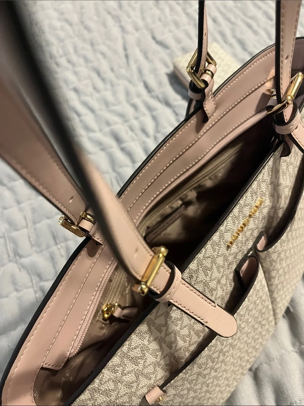 Michael Kors Beige Pale Pink MK Logo Tote - Picture 3 of 5
